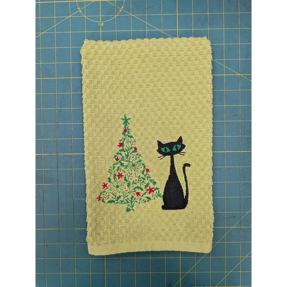 Christmas Tree Retro Mid Mod Cat Mid Century Modern Atomic Kitchen Hand Towel
